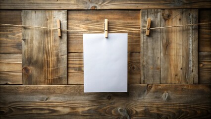 Aufkleber - Blank white paper hanging on rustic wooden background with clothespins and twine