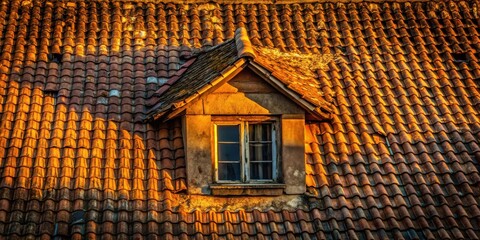 Poster - Golden Hour Illumination on a Weathered Tile Roof with Single Dormer Window