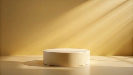 Poster - Cream-colored cylindrical pedestal on a pale yellow surface bathed in sunlight