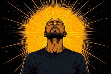 Poster - A geometric illustration of a divine figure surrounded by radiating lines, rendered in a minimal color scheme of gold and black