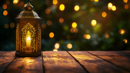 Poster - Golden lantern casting warm light on wooden surface, creating a magical ramadan atmosphere with bokeh lights in the background