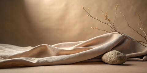 Poster - Serene Still Life Draped Fabric, Stone, and Dried Branches on Neutral Background