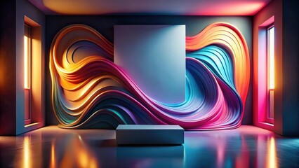 Poster - Abstract Colorful Swirling Waves Interior Design with a Blank Display Panel and a Modern Platform