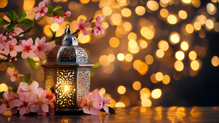 Poster - Intricate patterned lantern illuminating delicate spring blossoms with a warm glow amidst golden bokeh