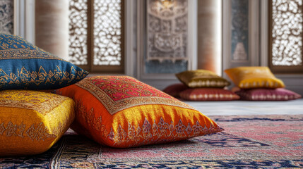Poster - Embroidered cushions lie on a carpet in a mosque, creating a peaceful scene for prayer and reflection during the holy month of ramadan