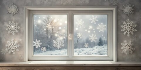 Aufkleber - Winter Wonderland Window Scene Snowflakes Adorn Frame and Pane, Showcasing a Snowy Landscape Beyond