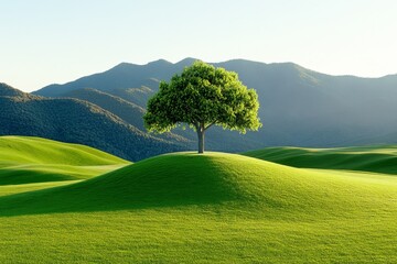 Poster - A golf course at twilight, with soft, golden light illuminating the landscape and casting long shadows