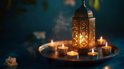 Poster - Serene ramadan atmosphere with traditional ornate lantern and flickering tea lights on teal background