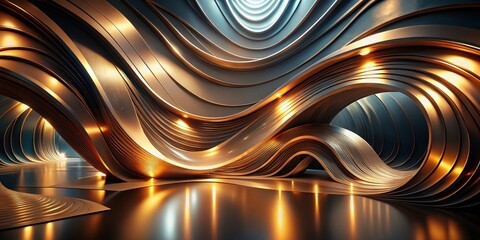 Aufkleber - Abstract Metallic Wave Structure with Golden Accents and Reflective Floor