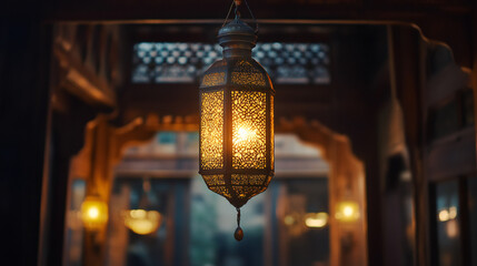 Poster - Traditional arabic architecture with glowing lantern creates a warm and spiritual atmosphere during ramadan in a building