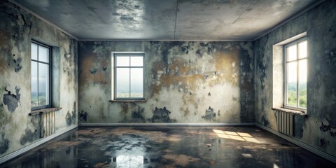 Aufkleber - A derelict room with water damage and mold on the walls, showcasing three windows with natural light streaming in