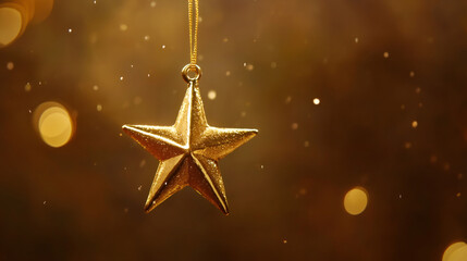 Poster - Golden five-pointed star ornament hanging against a warm, sparkling bokeh background, evoking a festive and celebratory atmosphere, perfect for ramadan