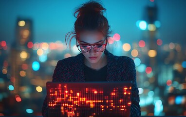 Poster - Female entrepreneur working on a laptop, managing her online business with a network of data connections and a modern cityscape in the background, technology concept