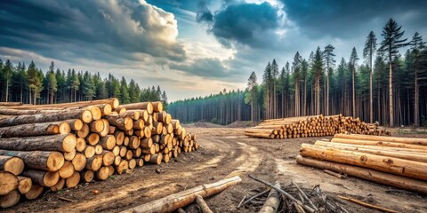 Aufkleber - Stacks of freshly cut logs in a clearing near a pine forest under a dramatic sky