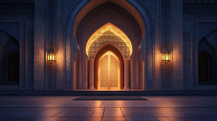 Poster - Golden doorway of a mosque glowing at night, with traditional lamps casting a warm light, creating a spiritual atmosphere during ramadan