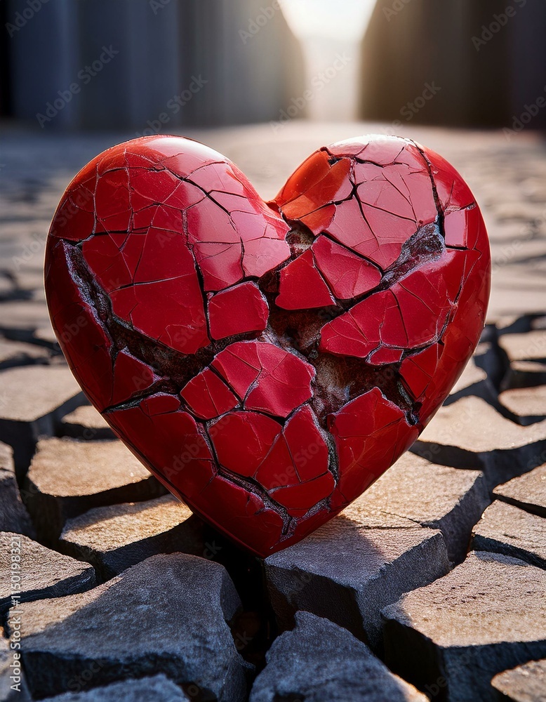 Heart Smashed Generated image A red stone heart smashed in a cracked concrete ground ...
