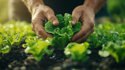 Wall Mural - Close-up of dewy green lettuce being harvested by farmer's hands. Sunlight highlights crisp leaves, with a blurred farm setting in the background