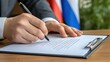 © ZIHAO - Close-up of politician signing important document on wooden desk, symbolizing political career and decision-making process with flag and cityscape elements.