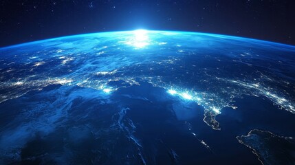 Poster - View of Earth From Space Showcasing City Lights and the Horizon at Night With a Soft Glow Illuminating the Atmosphere