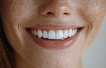 Wall Mural - Bright smile of a young woman showcasing healthy teeth and beautiful freckles in casual setting