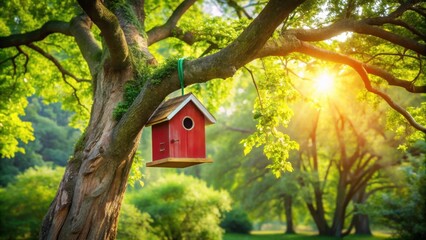 Aufkleber - A charming red birdhouse hangs from a tree branch bathed in warm sunlight, a peaceful woodland scene.