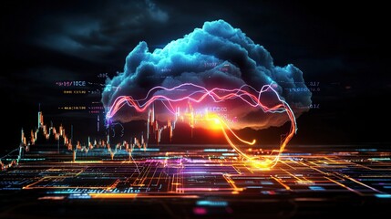Poster - A storm cloud looming over a graph of financial trends.