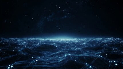 Poster - Exploration of a Surreal Digital Landscape Illuminated by Countless Glowing Nodes Against a Starry Night Sky