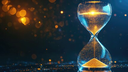 Poster - A modern digital hourglass illuminated with bright particles, symbolizing the harmony between time and technology