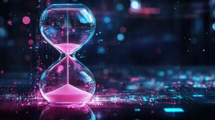 Poster - A modern digital hourglass illuminated with bright particles, symbolizing the harmony between time and technology