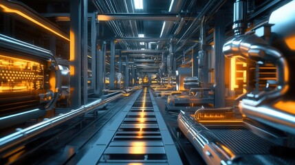 Poster - A modern manufacturing facility glowing with nanotech-driven biomimetic systems, revolutionizing sustainable industry.