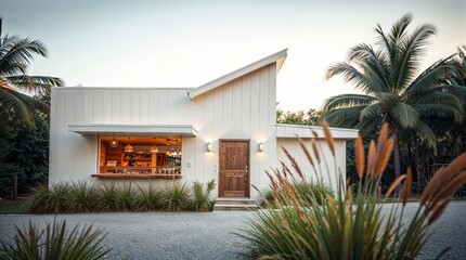 Wall Mural - modern, minimalist-style cafe with a unique architectural design featuring a slanted roof. The building is primarily white with vertical paneling, and a small wooden door is located on the right side.