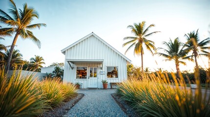 Wall Mural - modern, minimalist-style cafe with a unique architectural design featuring a slanted roof. The building is primarily white with vertical paneling, and a small wooden door is located on the right side.