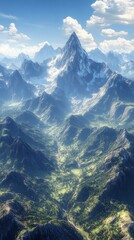 Poster - Majestic mountain range with lush valleys and dramatic peaks under a bright blue sky