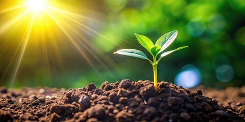 Aufkleber - New sprout emerging from dark soil illuminated by bright sunlight, representing growth and new beginnings