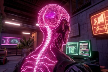 Aufkleber - A neon-lit cyberpunk laboratory showcasing a genetically modified organism in a glowing tank, surrounded by holographic screens displaying genetic data