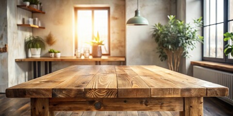 Aufkleber - Rustic Wooden Tabletop in a Sunlit Room with Plants and Window
