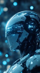 Poster - Futuristic Robotic Head Design Featuring Glowing Elements, Showcasing Advanced Technology and Artificial Intelligence in a Dynamic Environment