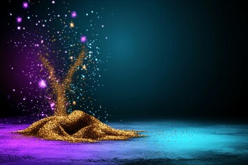 Poster - A pixel art depiction of a glitter explosion in vibrant colors, with sparkling stars and animated flickers creating a retro party vibe