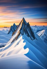 Wall Mural - Snowcovered mountain range bathed in golden sunrise light. Sharp peaks and expansive snowy slopes dominate the scene, offering a stunning winter landscape