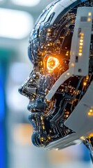 Poster - Close-Up of Humanoid Robot Face with Glowing Eyes and Intricate Circuitry Details