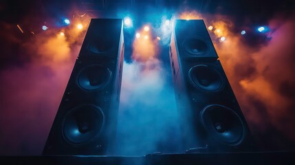 Poster - Large speakers with colorful stage lighting and fog.
