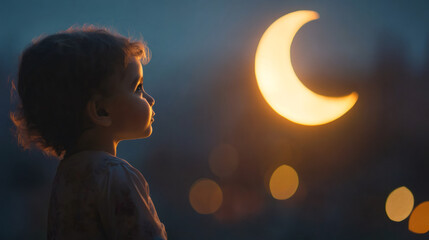 Poster - Capturing the essence of ramadan: child gazes at the bright crescent moon with wonder and hope in the evening sky during twilight