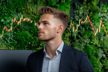 Poster - A professional in a modern office looking at a large monitor showing the USD/EUR exchange rate trend graph