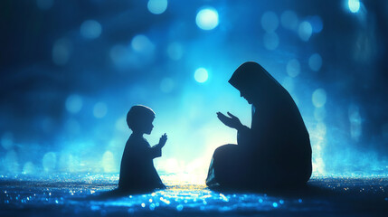 Aufkleber - Muslim mother and son praying together in silhouette during a serene ramadan night, reflecting their deep faith and devotion