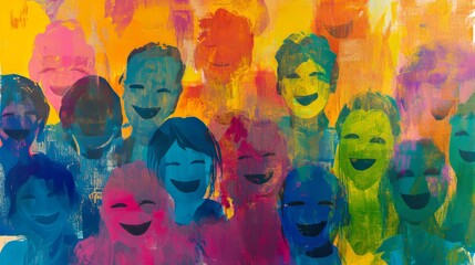 Poster - Colorful Faces With Smiles Representing Joy and Unity on a Vibrant Background of Vivid Hues and Playful Brushstrokes in a Lively Art Piece