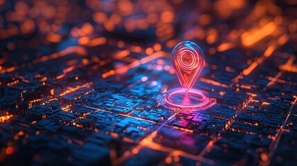 Fototapete - Futuristic city navigation concept: a translucent map pin displaying a holographic city map with vibrant details.