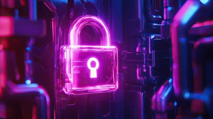 Aufkleber - Futuristic synthwave-themed image with a glowing padlock symbolizing two-factor authentication and data security.