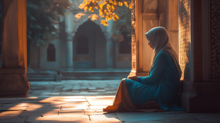 Poster - Woman in traditional attire praying inside a mosque during the ramadan season