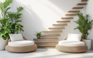 Wall Mural - Cozy seating area with modern decor and natural elements near a staircase