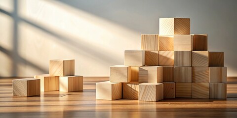 Poster - Wooden blocks arranged in two stacks on a table, illuminated by sunlight